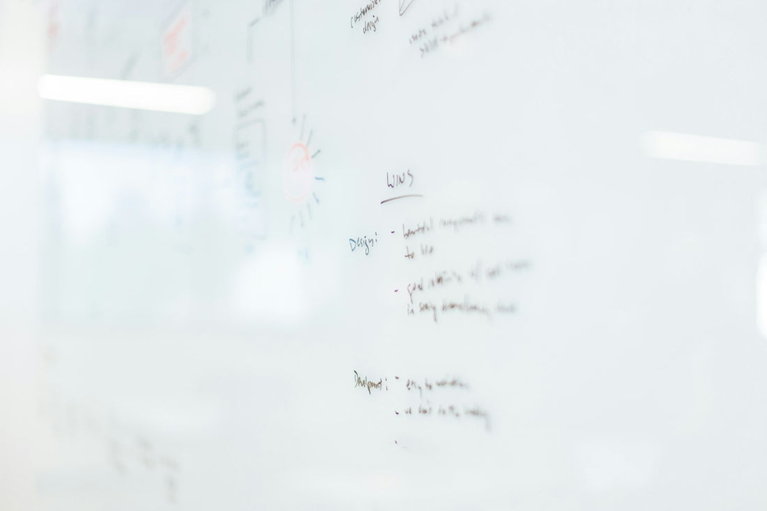 Business plan and strategy notes written on a whiteboard