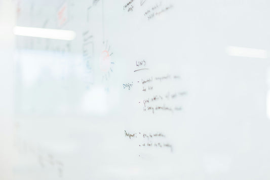 Business plan and strategy notes written on a whiteboard