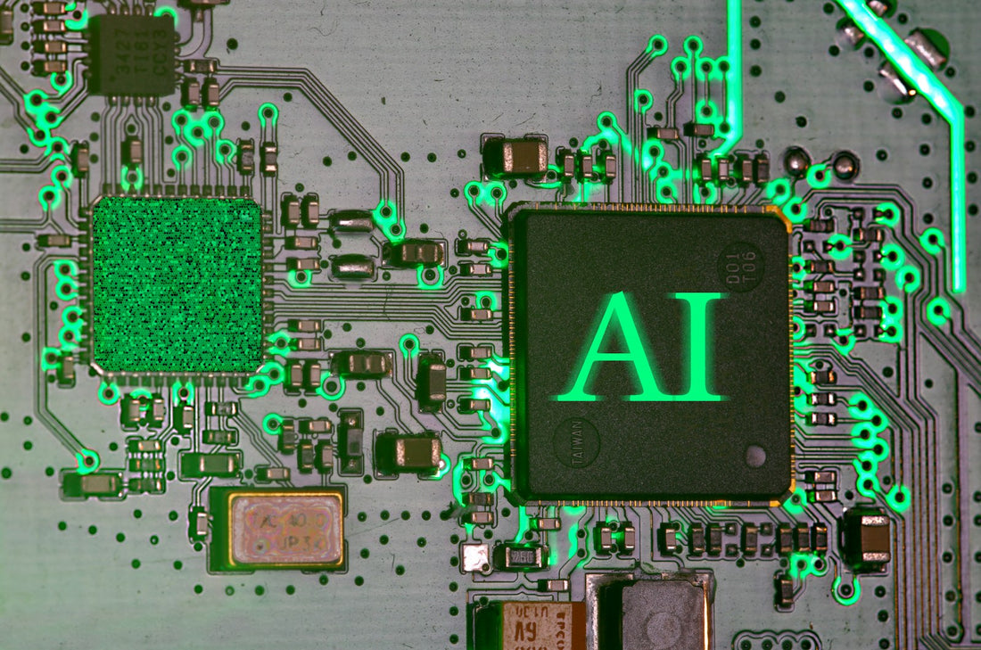 Glowing AI chip on a circuit board, representing edge AI processing
